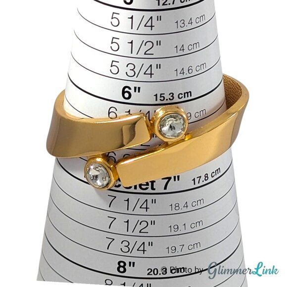 Vintage Modernist Clear Rhinestone Accents Gold Tone Hinged Cuff Bracelet - Picture 8 of 9